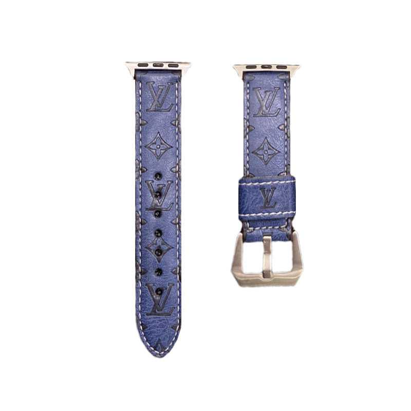 Leather Monogram Apple Watch Bands Leather Blue-YH24422