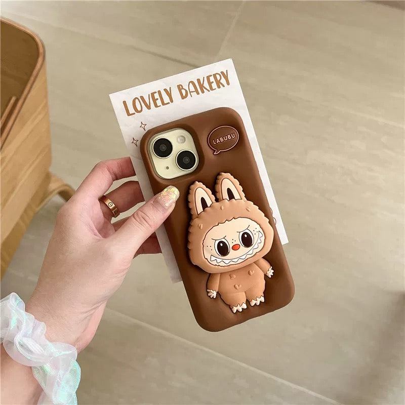Cute Cartoon Labubu Zimomo Silicone with Stand | Brown/Pink - iPhone Case