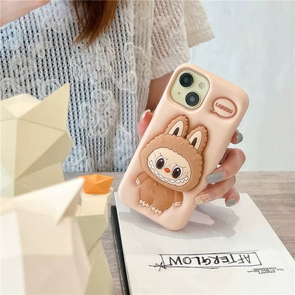 Cute Cartoon Labubu Zimomo Silicone with Stand | Brown/Pink - iPhone Case