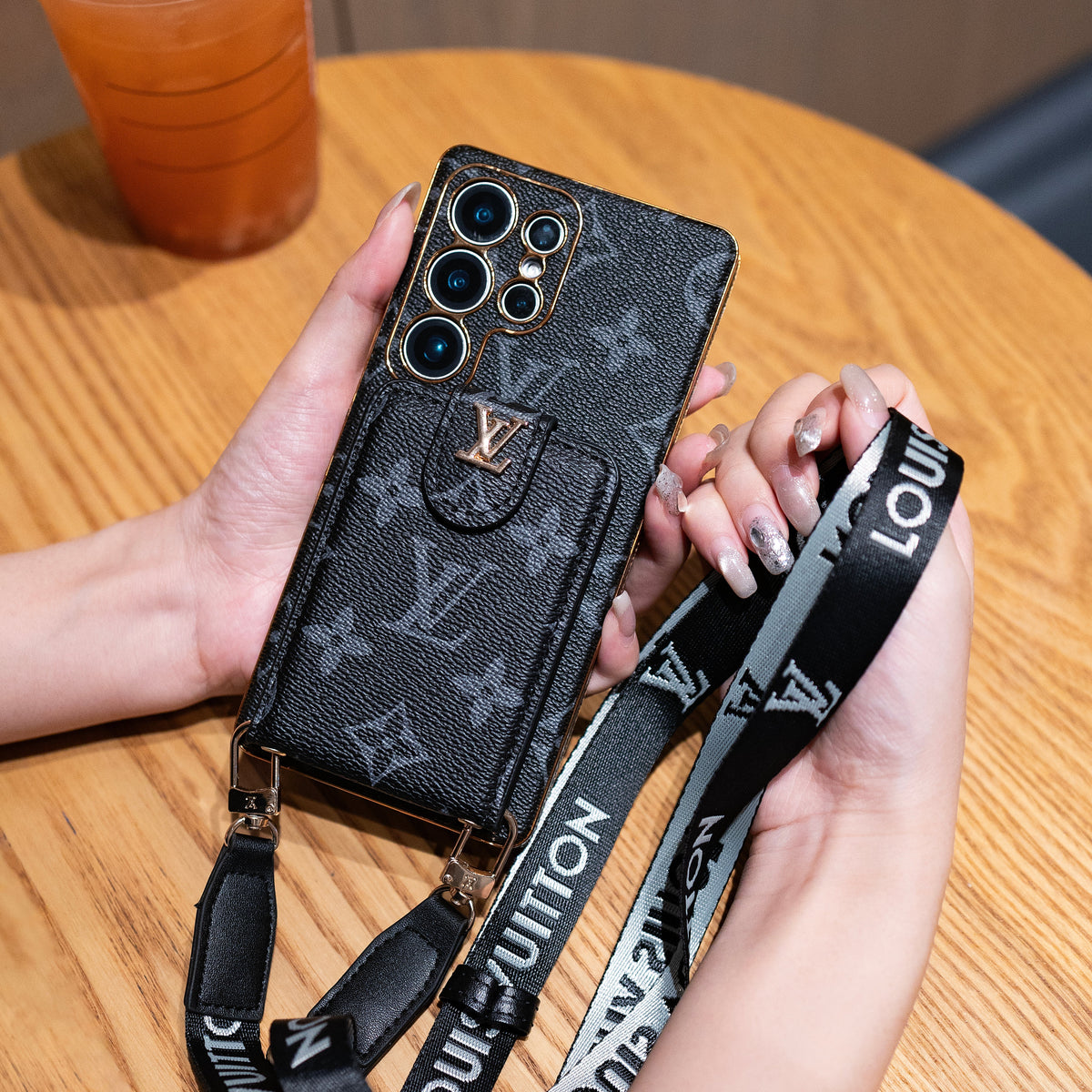 Luxury Monogram Leather Multi-Function Phone Case with Wrist Strap
