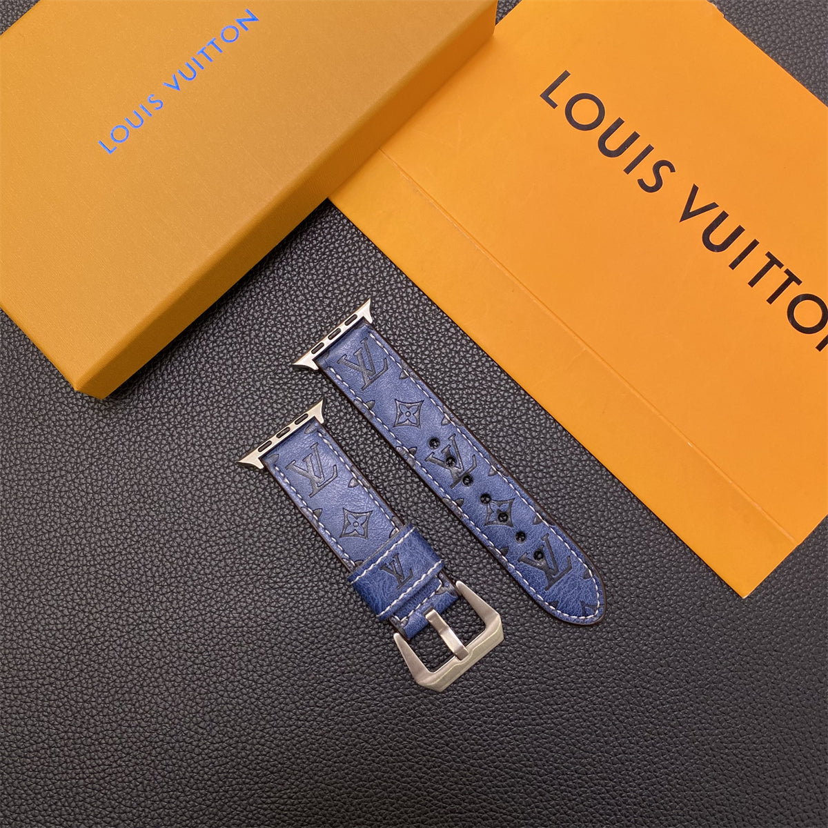 Leather Monogram Apple Watch Bands Leather Blue-YH24422