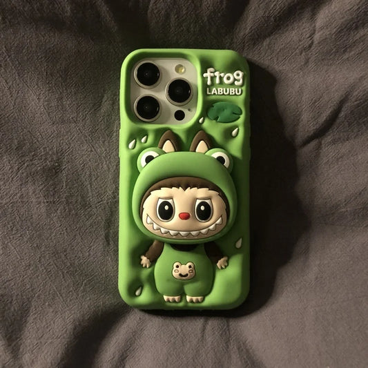 Cute Cartoon Labubu Zimomo Silicone with Stand | Brown/Pink - iPhone Case