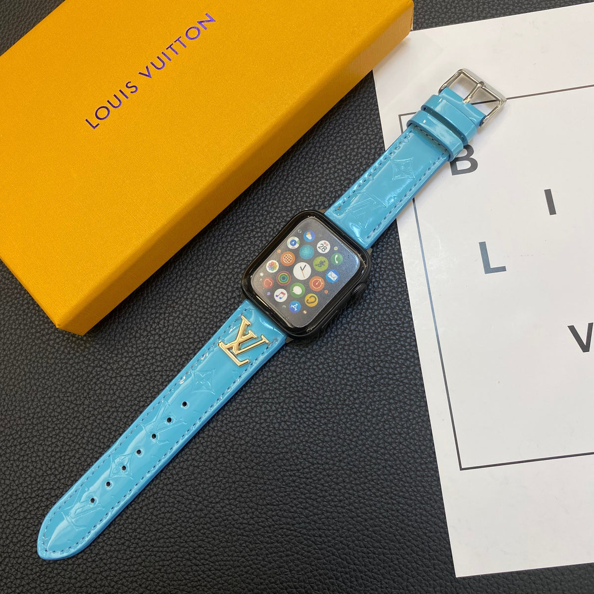 GLOSSY LEATHER APPLE WATCH STRAP LUXURY METAL LOGO