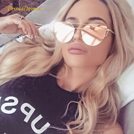 Cat Eye Vintage Brand Designer Rose Gold Mirror Sunglasses For Women Metal Reflective flat lens Sun Glasses Female oculos--s2